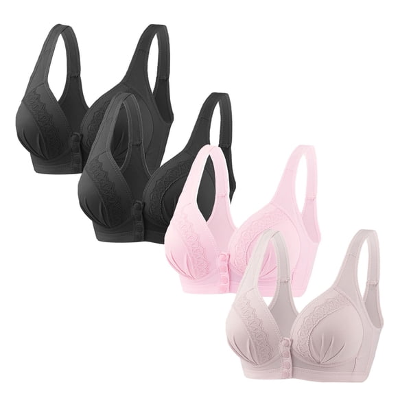 Kyusrd Front Open Bras For Women Button No Steel Ring Lace Pattern Wirefree Closeure Nursing Middle-Aged And Elderly Underwear Solid Color Oversized Push Up Lactation Open Seamless Daily Bra 4Pcs
