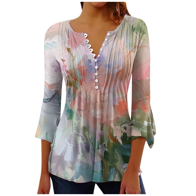 Camisetas de Cuello en V Mujeres, Impreso 3/4 Manga Blusa Casual Hecha de Cómodo Estante de Imitación para Toda la Temporada de Uso Diario, Camisetas Casuales de Mujer
