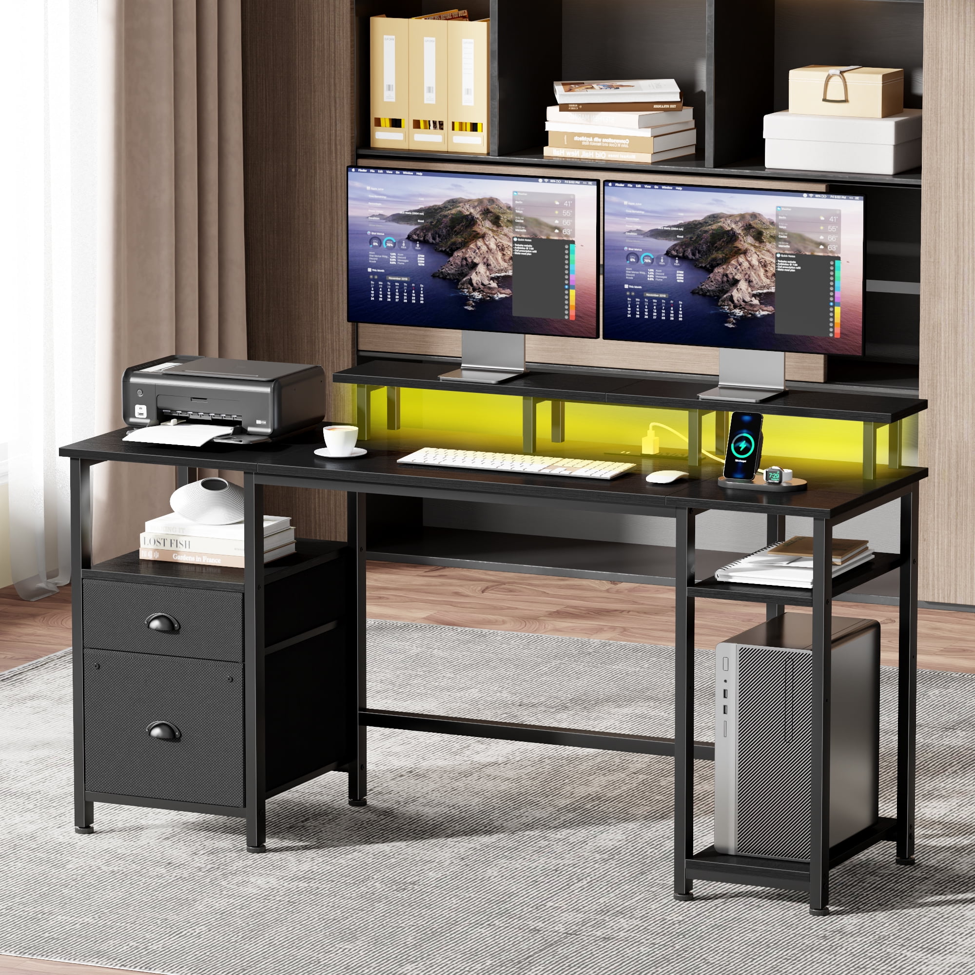 Satifur 61" Reversible 2-Tier Computer Desk with Power Outlet, LED Lights, File Cabinet & Storage Shelves,Black