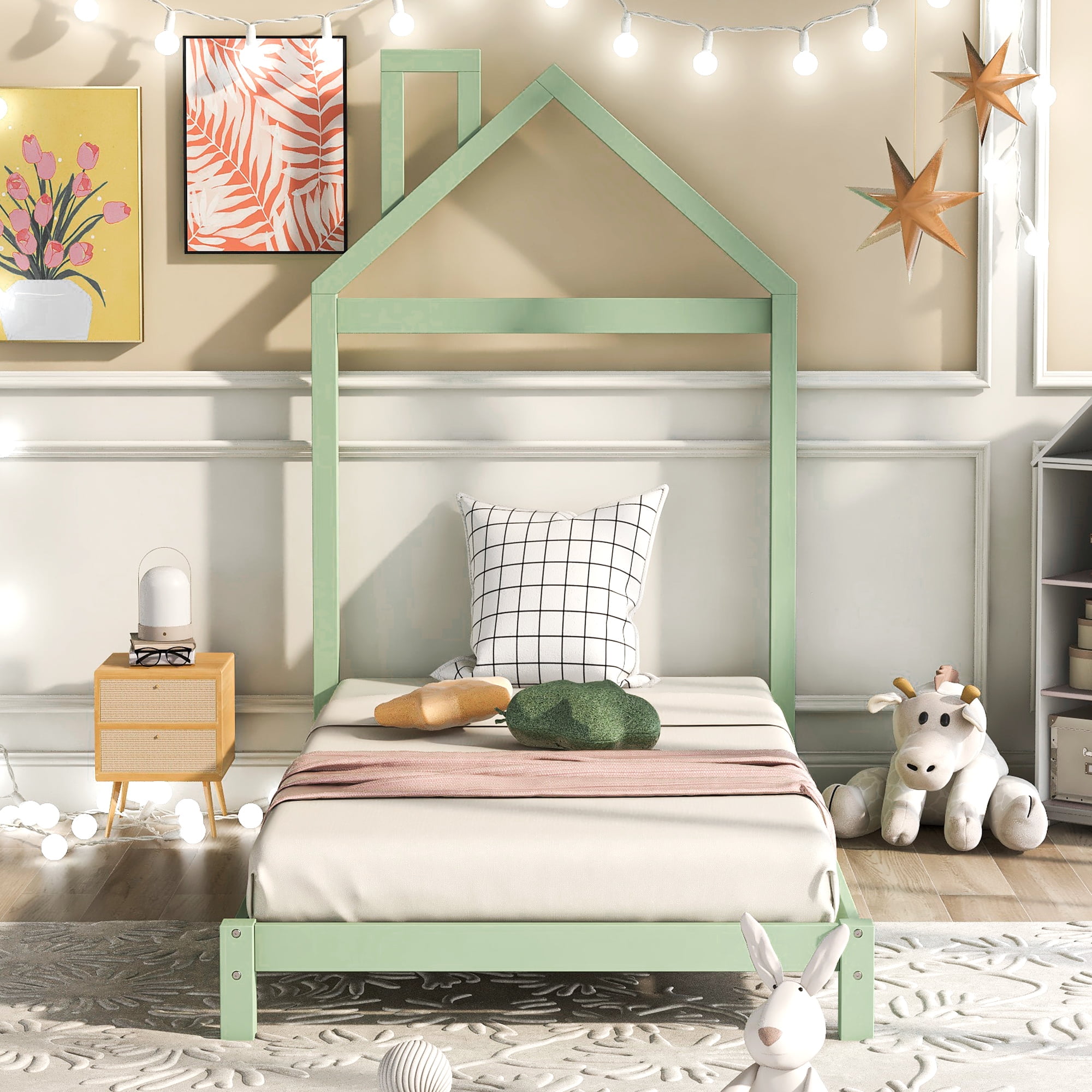 Aukfa Twin House Bed for Kids, Wood Platform Bed - Green