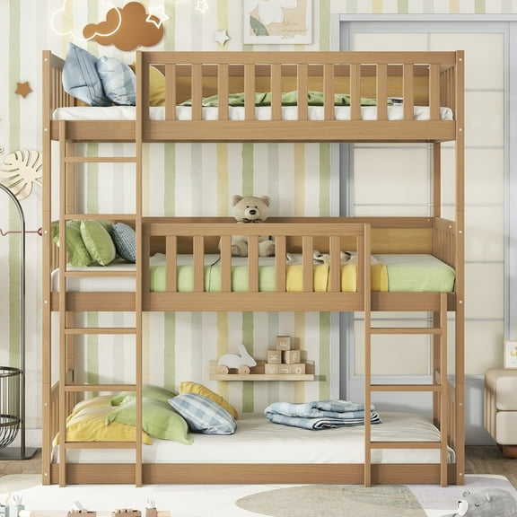 Twin Size Triple Bunk Bed with Ladders, Rubber Wood Bunk Bed Frame with Detachable Guardrails, Twin over Twin over Twin, White Oak