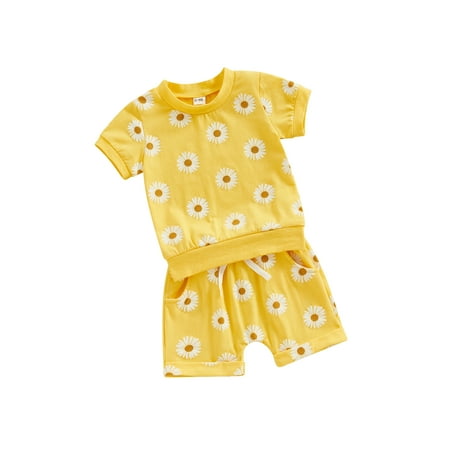 

Biekopu Baby Girls 2 Piece Outfit Daisy Print Short Sleeve T-Shirt and Elastic Shorts Set Cute Summer Clothes