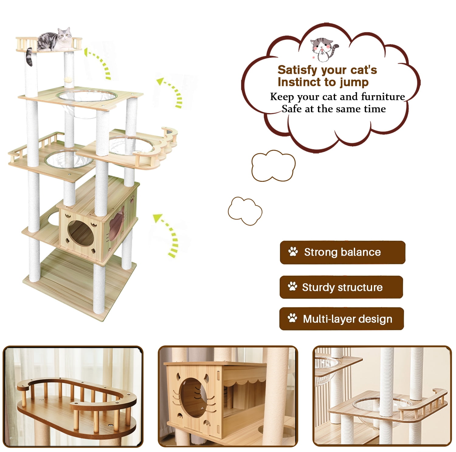Mekidulu 73in Modern Wood Cat Tree Tower with 3 Space Capsules, 7-Level Indoor Condo, Natural