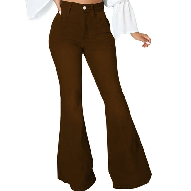LUXUR Women Jeans High Waist Denim Pants Solid Color Bottoms Stretch  Trousers Flared Leg Dark Brown XL