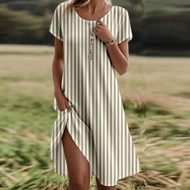 WILLBEST Vestidos Casuales para Mujer Vestido Casual Fluido de Cuello Redondo para Mujer, Línea A, para Verano, Vacaciones En La Playa, Uso Diario, Cómodo, Lavable A Máquina, Atuendo Básico Chica