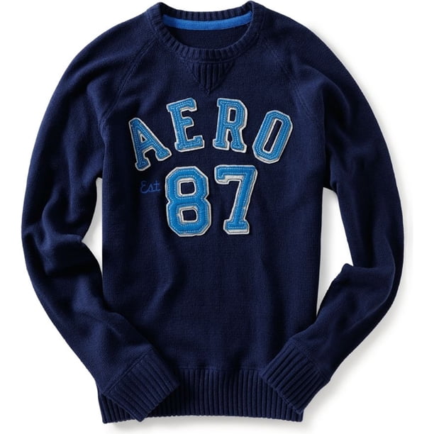 Aeropostale Mens Pull Over Aero 87 Ted Knit Sweater, Azul, Mediano