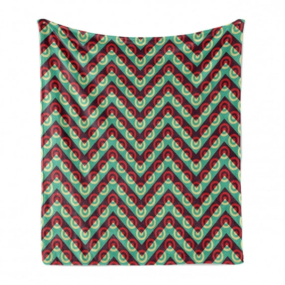 Geometric Circle Soft Flannel Fleece Blanket, 50s Pop Art Style Triangular Stripes Spiral Hoops Retro Poster Print, Cozy Plush for Indoor and Outdoor Use, 50" x 70", Maroon Sea Green, by Ambesonne