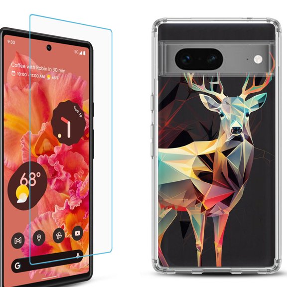 OneToughShield ® for Google Pixel 7a Shockproof Bumper Phone Case, with Tempered Glass Screen Protector - Geometric Deer