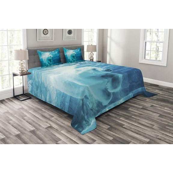 Ambesonne Bear Quilted Bedspread Set 3 Pcs, Arctic Polar Underwater, Queen Size, Blue Pale Blue