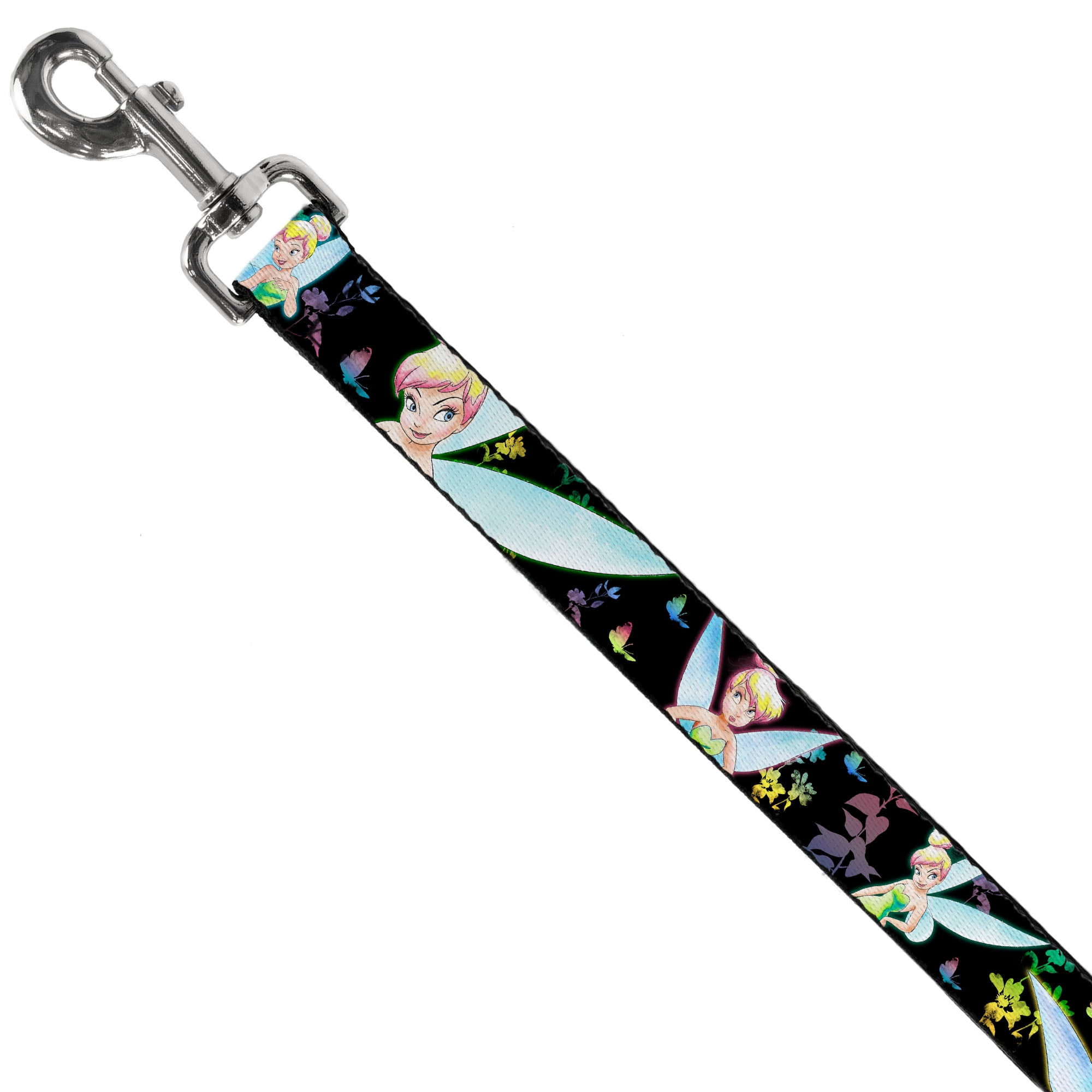 Disney Pet Leash, Dog Leash, Glowing Tinker Bell Butterflies Flowers Black Multi Neon, 6 Feet Long 1.0 Inch Wide