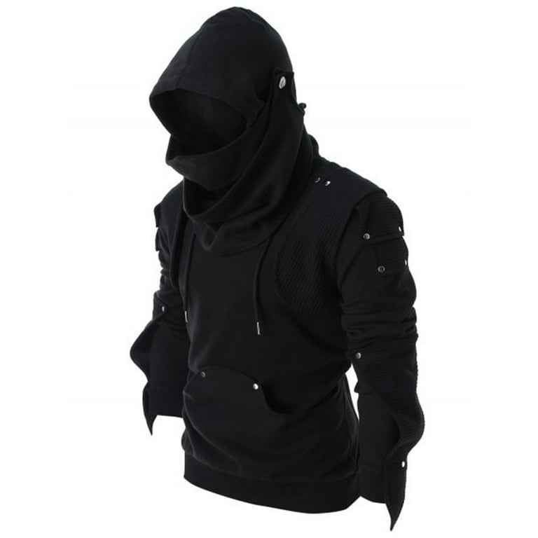 HAOTAGS Mens Punk Mask Hooded Pullover Goth Hoodies Vintage Techwear Cyberpunk Streetwear Tactical Sweatshirt Black Size XL