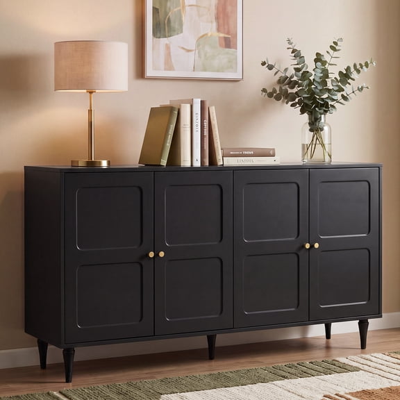 AVAWING Fluted Storage Cabinet with 4 Doors, Wood Sideboard Buffet Cabinet, Black