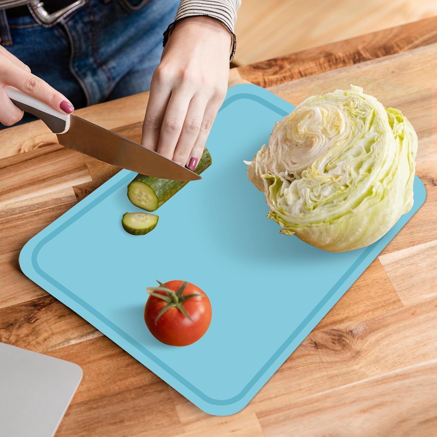 RGHJAR-Flexible Cutting Boards, BPA Free Silicone Non-Slip Chopping Mat for Kitchen, Dishwasher Safe & Space-Saving with Hanging Hole (Blue)