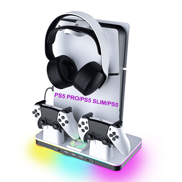 PS5/Slim/Pro Soporte de refrigeración y estación de carga con controlador LED, compatible con consola PlayStation 5, cargador de mandos, incluye ventilador de refrigeración de 2 niveles
