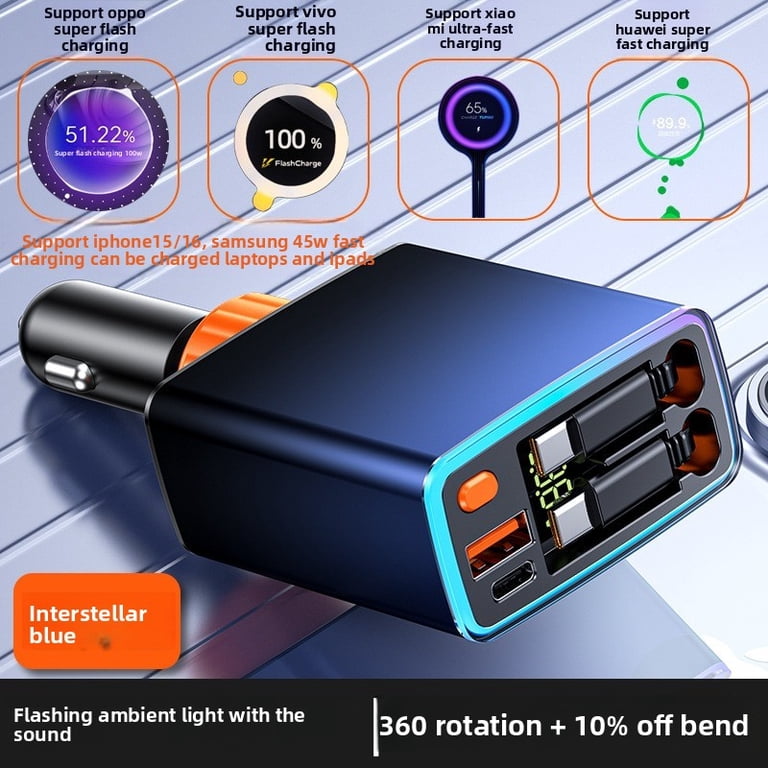 120W USB C Fast Car Charger with PD Quick Charge, Multi Port Cigarette  Lighter Car Charger Adapter with Retractable Cable, LED Music Ambient  Light, 