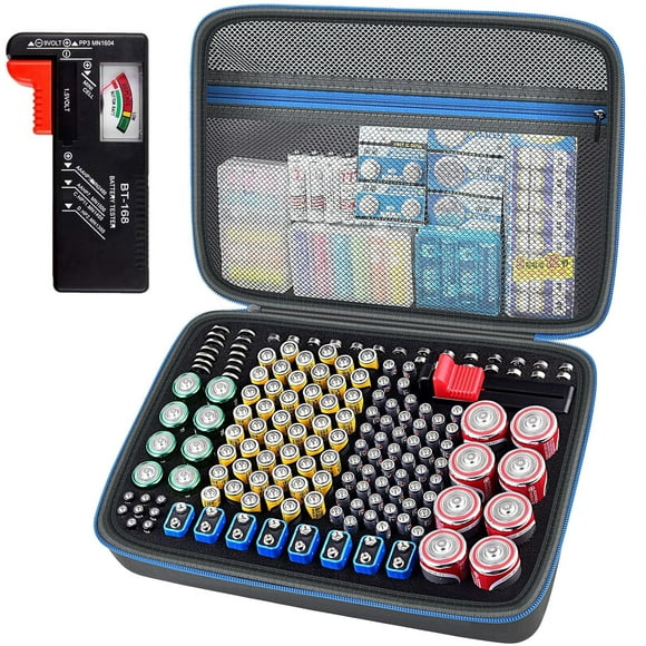 AIR-Battery Organizer Holder, 200+ Batteries Storage Containers Box Case with Tester Checker BT-168. Garage Gadget Organization Holds AA AAA C D Cell 9V 3V Lithium LR44 CR2 CR1632 CR2032 Button Batte