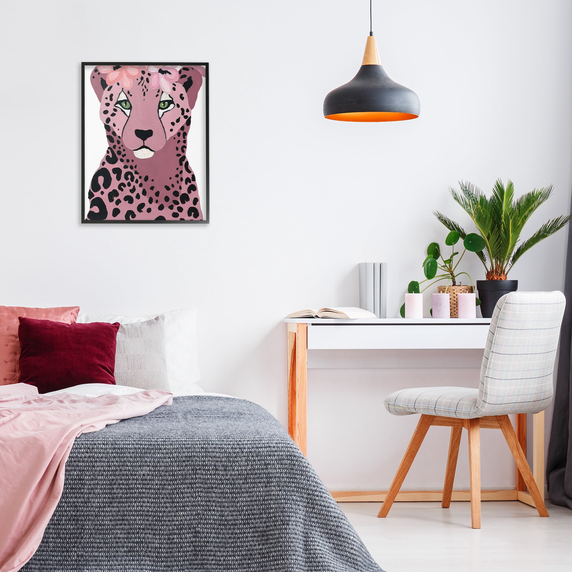 Stupell Industries Cheetah with Pink Blossoms Animals & Insects Painting Black Framed Art Print Wall Art, 24 x 30