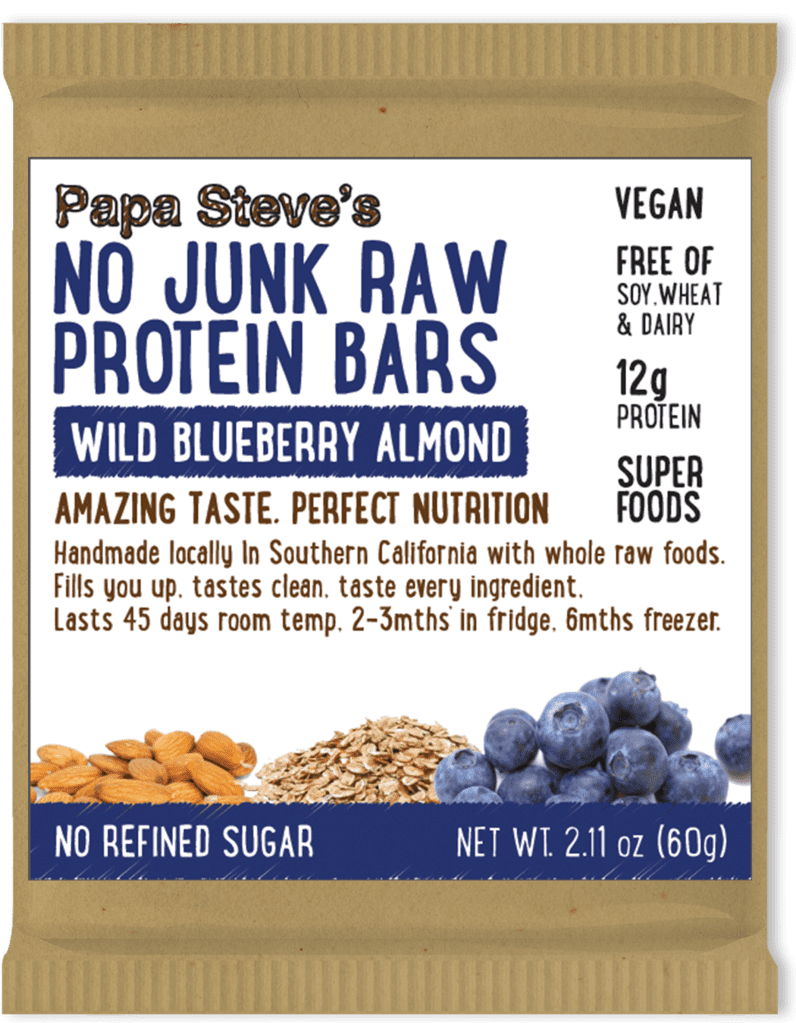Papa Steve's No Junk Raw Vegan Protein Bars: Non GMO, Gluten Free, 100% Natural, Hand-Made Weekly - Wild Blueberry Almond (Pack of 10)
