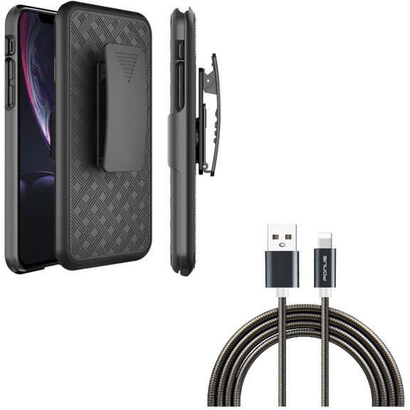 Holster Case Belt Clip w 3ft Metal USB Cable for iPhone XS Max - Swivel Kickstand Armor Combo Cover and Charger Cord Power Wire Sync Fast Charge