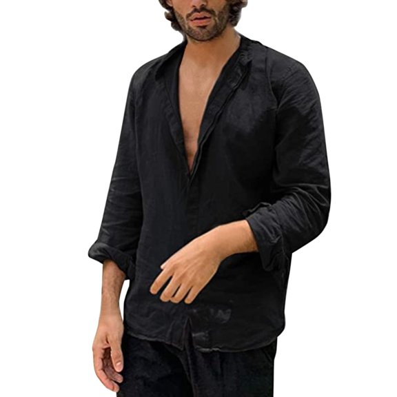 Baqcunre Graphic Tees Men Men'S Solid Color Lapel Long Sleeved Shirt Casual Beach Shirt Linen Shirts For Men Tops For Men Black L