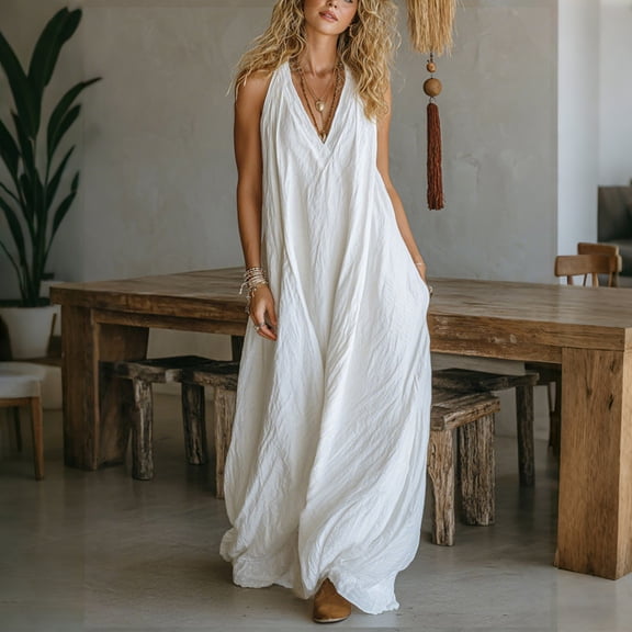 Ynynloco Womens Cotton Casual Strappy V Neck Sleeveless Flowy Pockets Loose Long Maxi Beach Dress Sundress