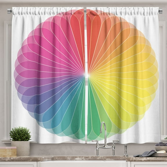 Ambesonne Rainbow Kitchen Curtains, Colorful Design Wheel Bloom, 55"x45", Dark Coral Sea Green