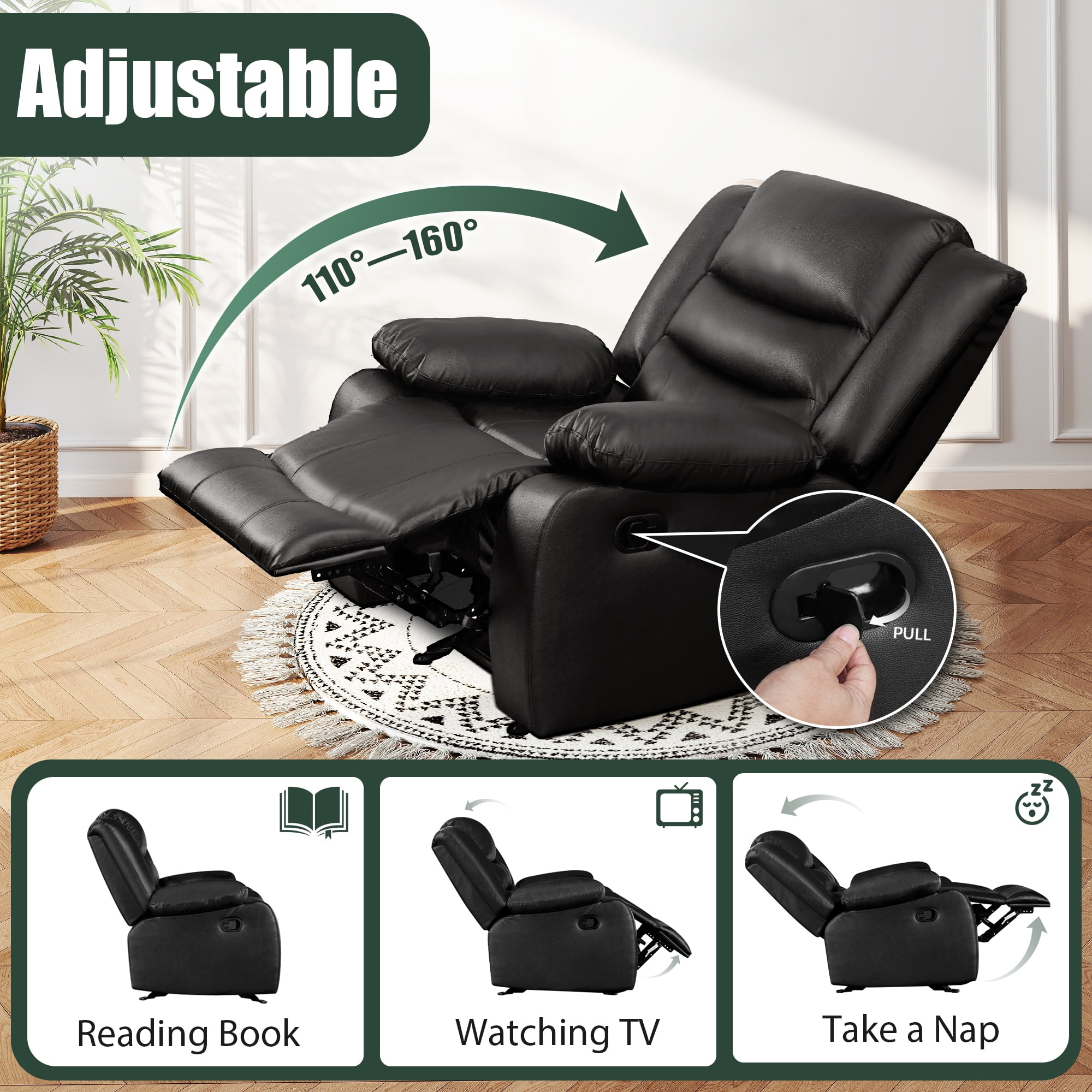 TrumanPick Manual Recliner Chair for Adults, Lazy Boy Rocker Recliner Overstuffed Glider Recline Sofa Chair for Living Room,Black