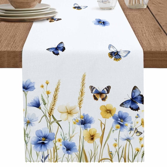 nqOlkjepod Butterflies Floral Table Runner 48 Inches Long Farmhouse Dress Scarves, Country Plants Wildflower Leaves Dining Tablerunner for Coffee Table/Kitchen Island/Party Décor, 13" x 48"