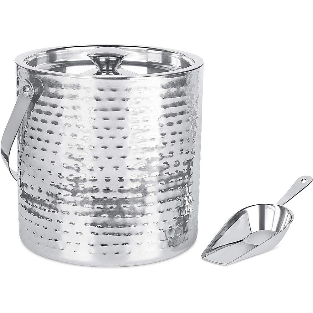 BirdRock Home Hammered Ice Bucket with Scoop & Lid 2.8 Liter Silver