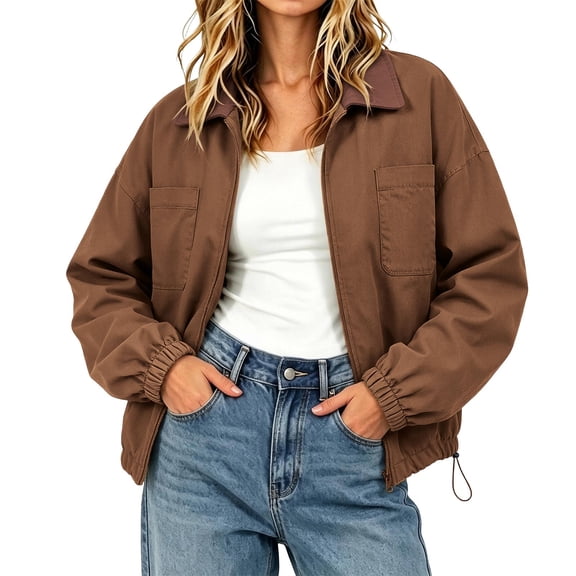 hlysgo Women's Barn Jacket Collar Zipper Utility Jacket Cinchable Hem Workwear Jacket with Pockets Brown,M