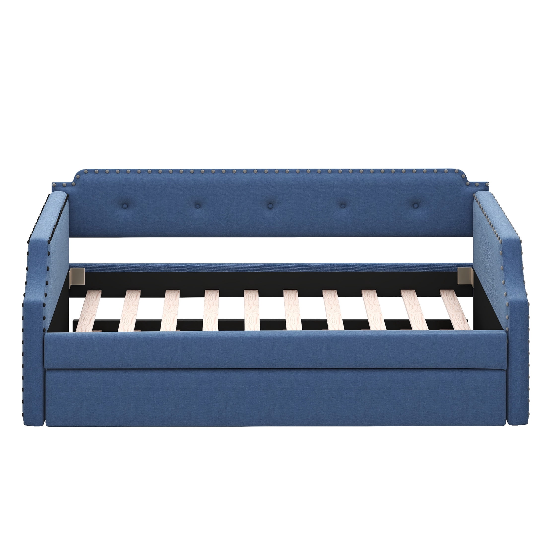 Noble House Brynn Twin Upholstered Daybed with Trundle and Nailhead Trim, Linen Fabric Sofa Bed, Blue