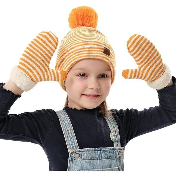 Kids Toddlers Winter Beanie Hats Mittens Pompom Cute Striped Warm
