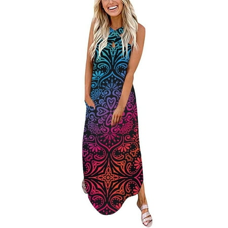 

Women Printing Loose Sundress Long Dress Crisscross Sleeveless Split Maxi Dress Summer Beach Womens Maternity Dress Long