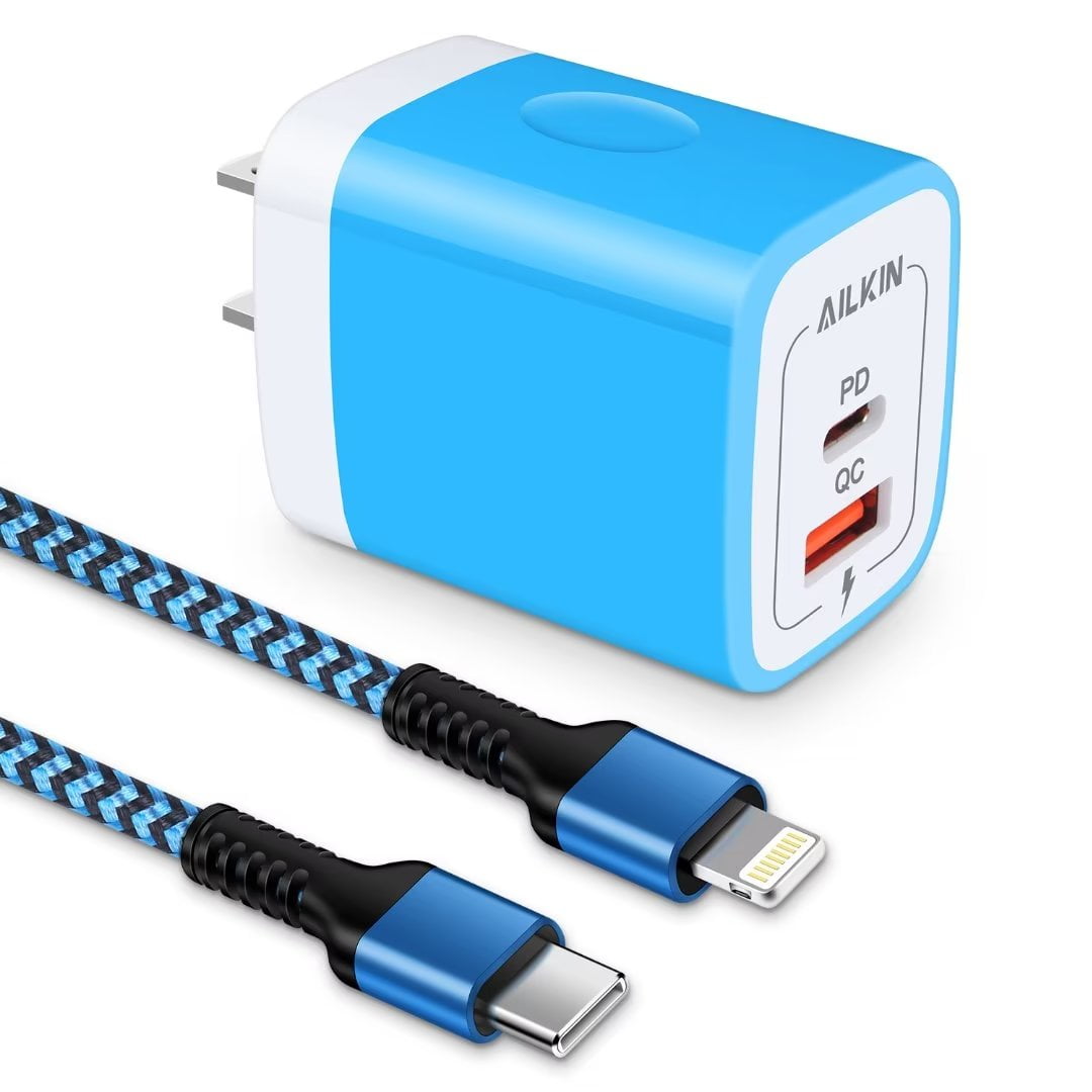 USB C Block with Lightning Cable,AILKIN PD 20W QC3.0 Dual Port USB Wall