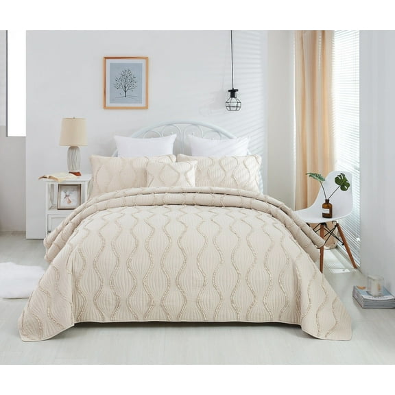 DaDa Bedding Soft Charming French Country Ruffles Quilted Cotton Bedspread Set - Ivory Cream Tan (JHW873)
