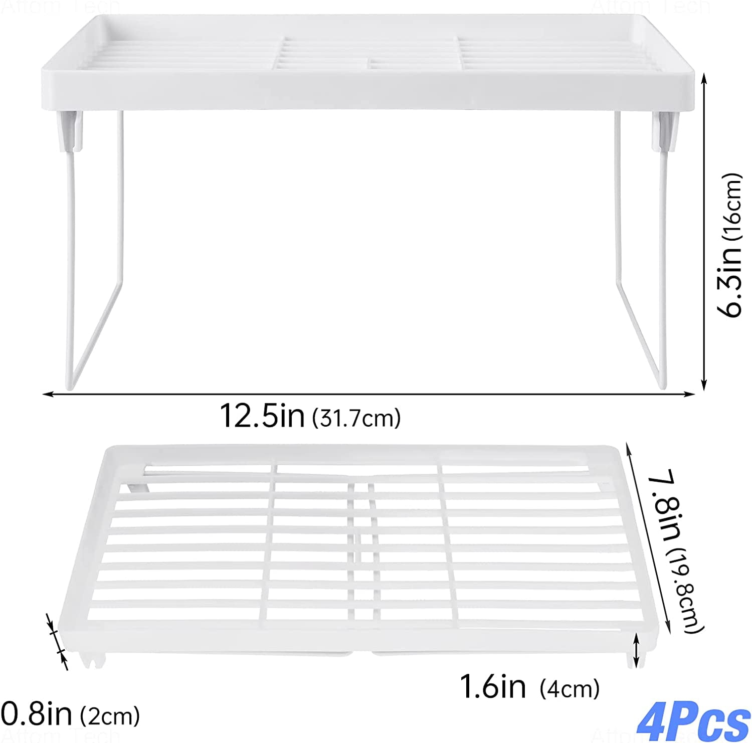 NiHome 4Pack Stackable Plastic Kitchen Storage Shelf Foldable Rack, White Kitchen Cabinet Organizer and Storage Shelves Stackable Expandable Storage Racks for Counter Cabinet Pantry