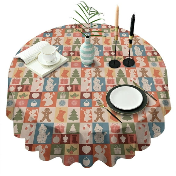 Multicolor Christmas Icon Pattern Round Tablecloth 60"x60",Wrinkle Wipeable Table Cloth for Kitchen Dining Room Picnic Patio Party