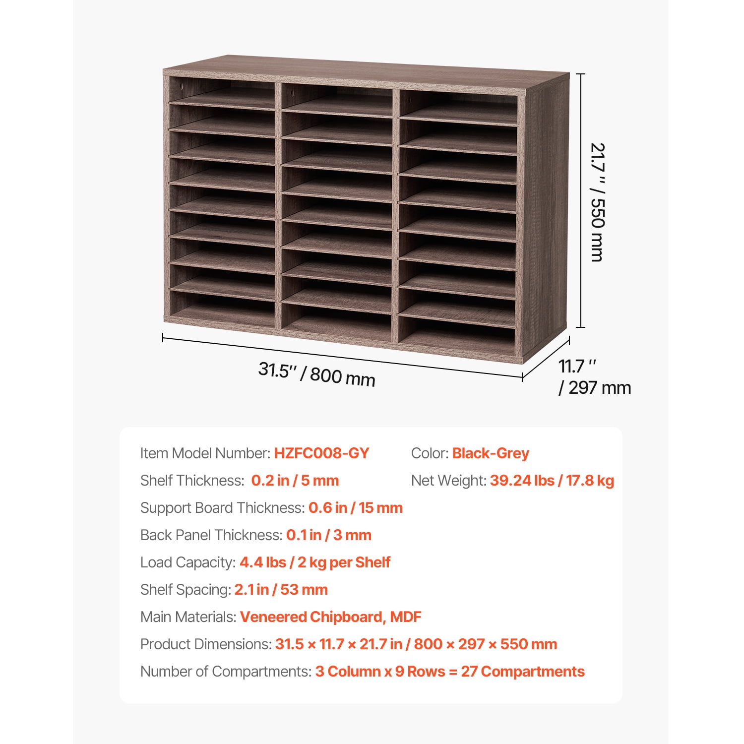 KFFKFF Document Storage, 27-Slot Office Post Box with Adjustable Shelves, Particle Board Mail Sorter for Office, Home, or Classroom, File Organizer for Documents, Papers, Black-Grey