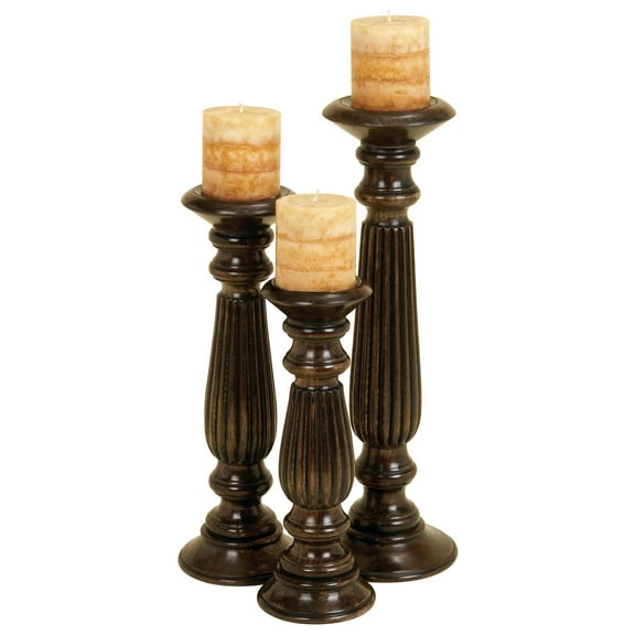 DecMode 3 Candle Dark Brown Mango Wood Candle Holder, Set of 3