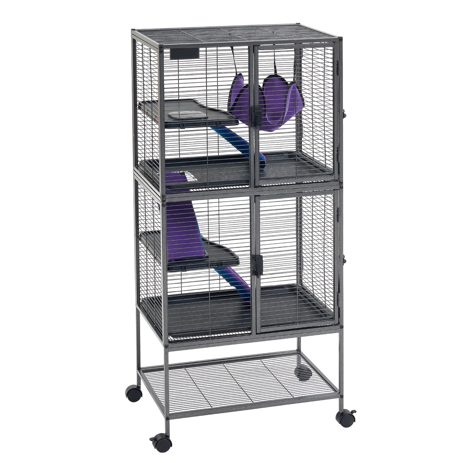 KFFKFF Metal 4-Tier Small Animal Cage with Wheels, 54.3"H, Includes Hammock, Ramps, Tray & Doors, 0.55" Wire Spacing, Suitable for Ferrets, Chinchillas, Sugar Gliders, Guinea Pigs & Rabbits