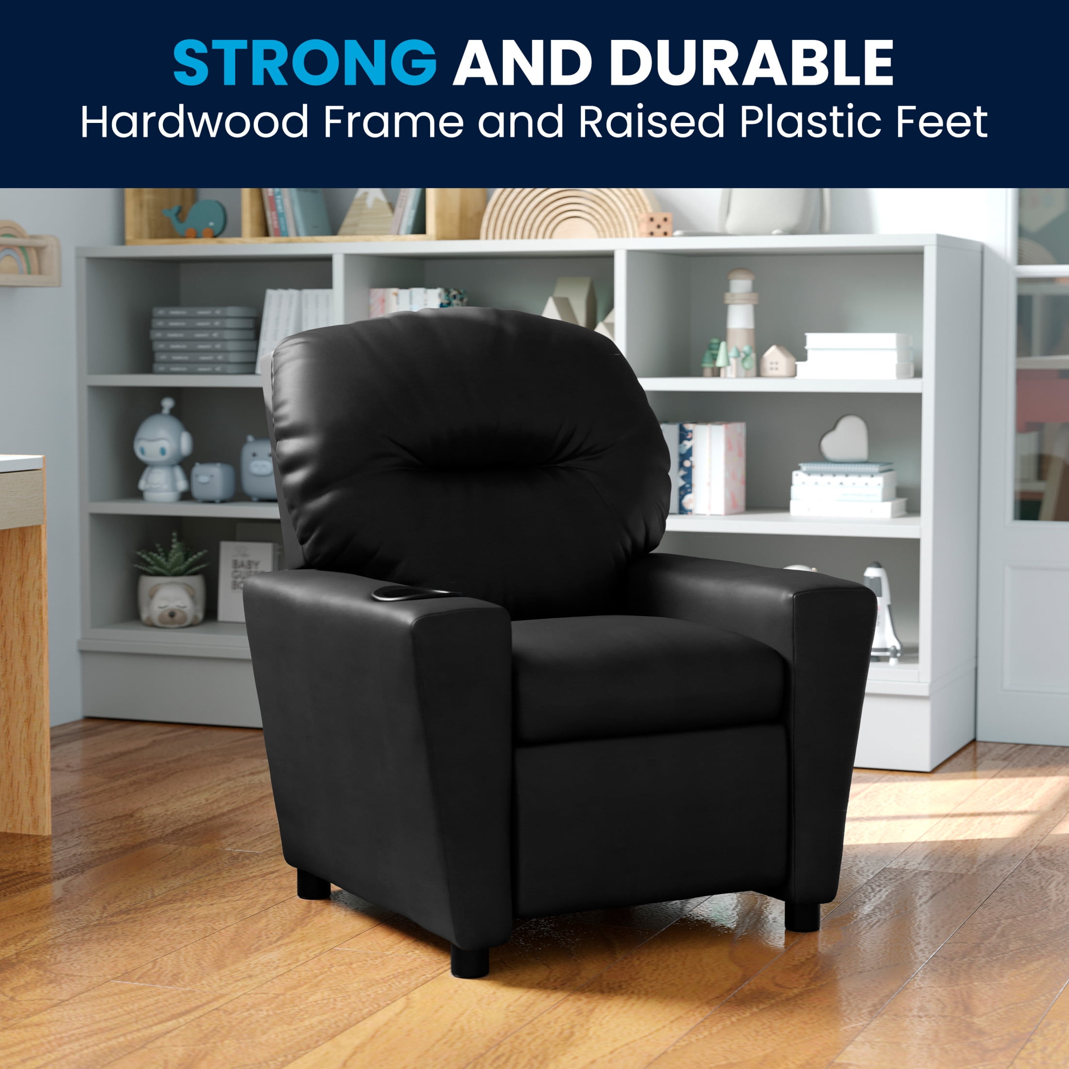 Flash Furniture Chandler Contemporary Black LeatherSoft Kids Recliner with Cup Holder