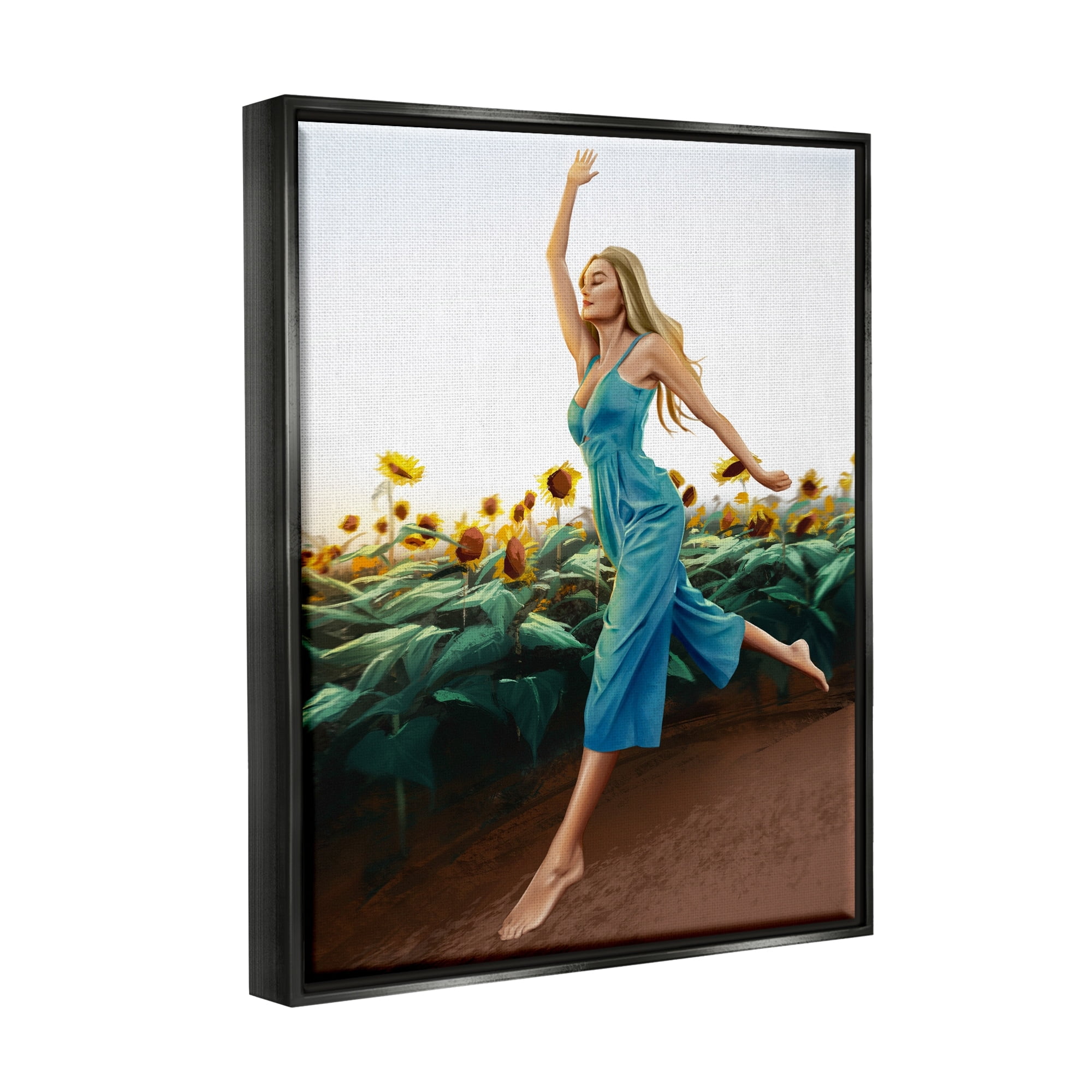Stupell Industries Woman Running Through Rural Sunflower Meadow Field Painting Jet Black Floating Framed Canvas Print Wall Art, Design by Ziwei Li