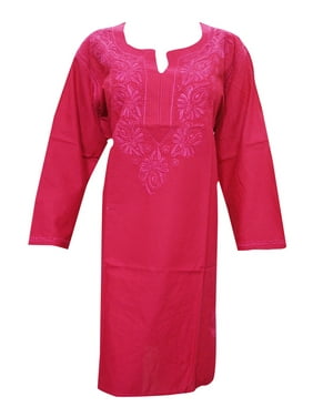 Mogul Womans Tunic Caftan Dress Pink Embroidered Cotton Kurta XXXL