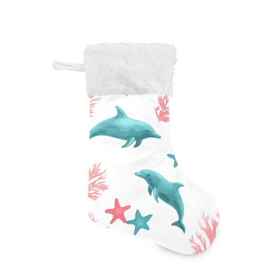 Pink Corals Blue Dolphins Christmas Stockings Large Capacity 18 inch Gift Bag with Hook Xmas Holiday Decor 1 Pack