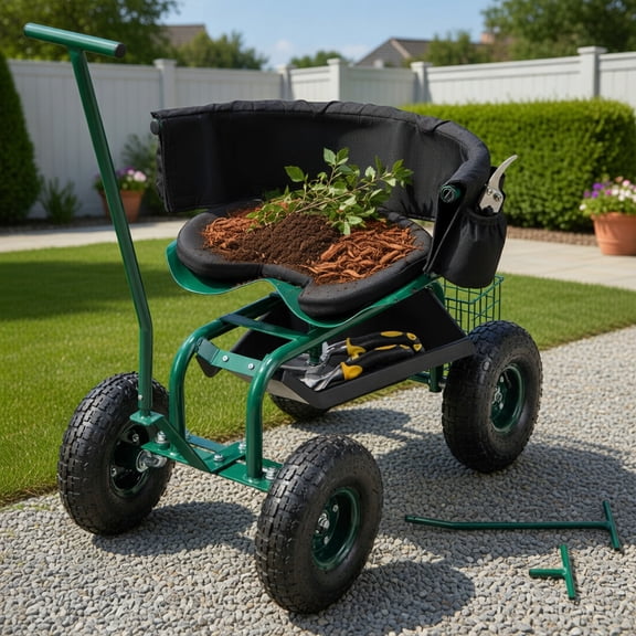 Topcobe Rolling Garden Cart with Height Adjustable Swivel Seat and Storage Basket, Gardening Cart with Seat, Green