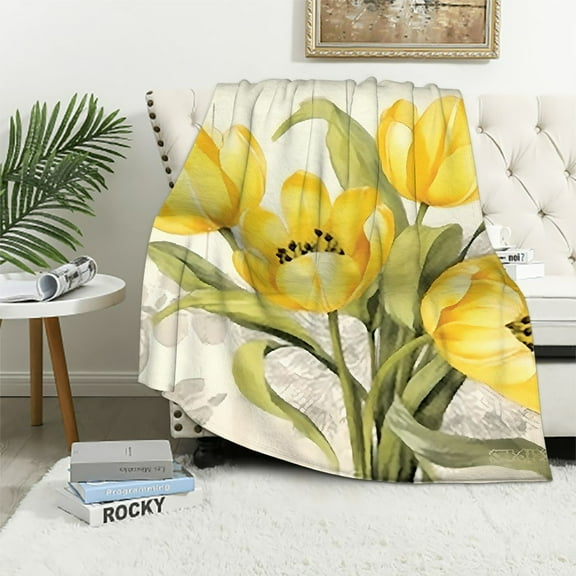 Creowell Yellow Flowers Flannel Throw Blanket for Couch Sofa Bed All Seasons, Soft Plush Blanket (Multiple Sizes) 40x50in
