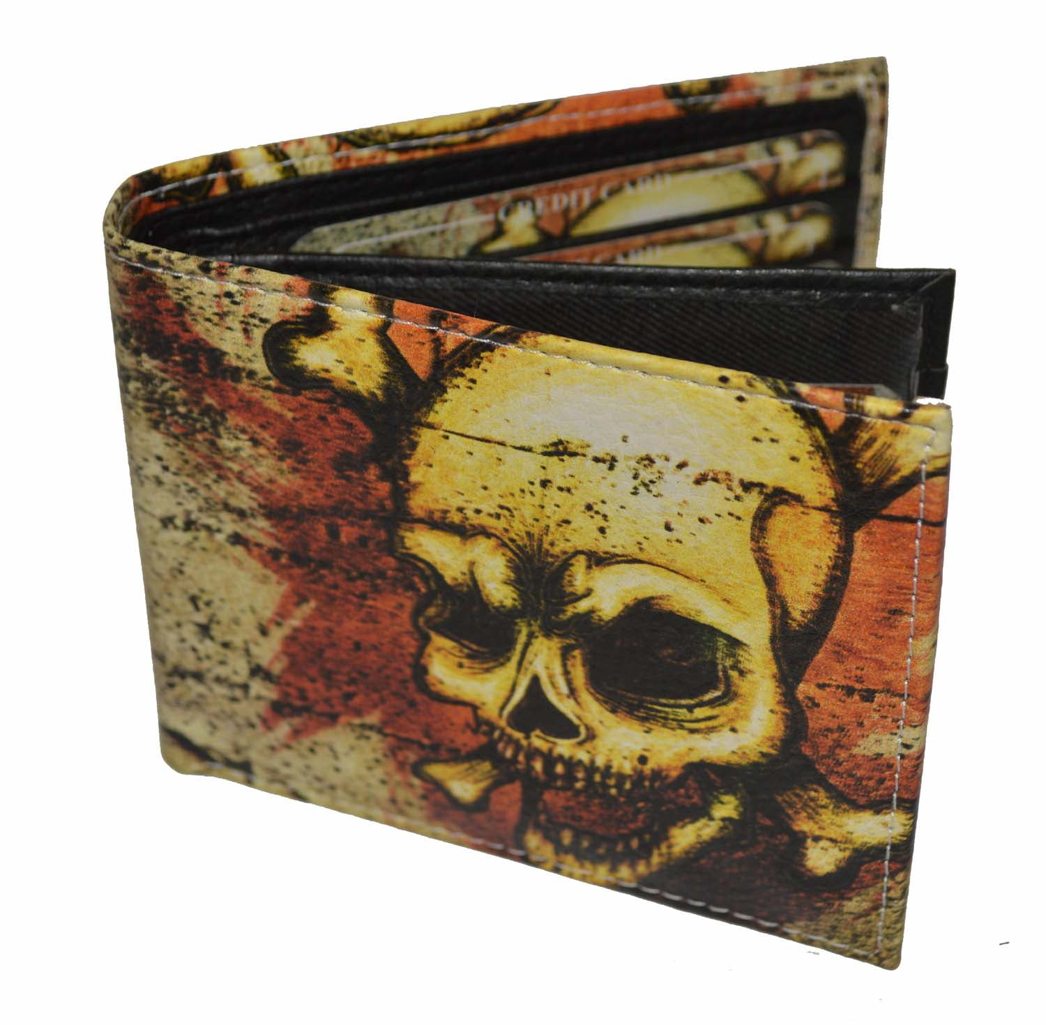 Mens Bifold Exotic Wallet Picture Skull with printed gift box