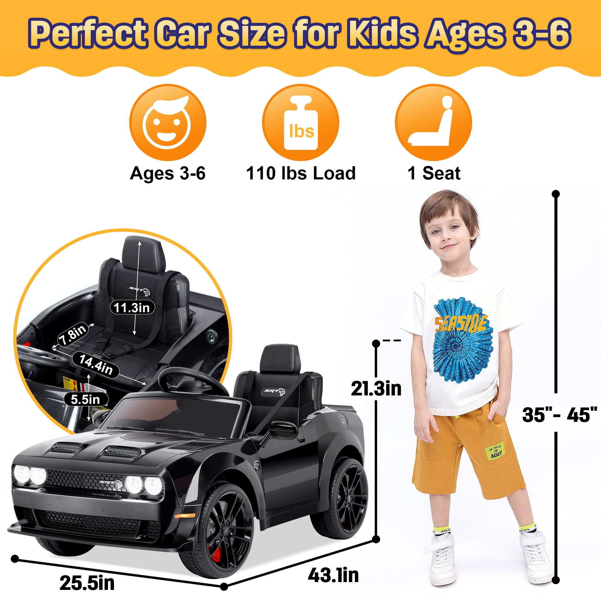 Dodge Challenger SRT Kids Ride on Car,Wisairt 12 V Battery Powered Electric Vehicle w/ Remote Control,Bluetooth,LED Lights(Black)