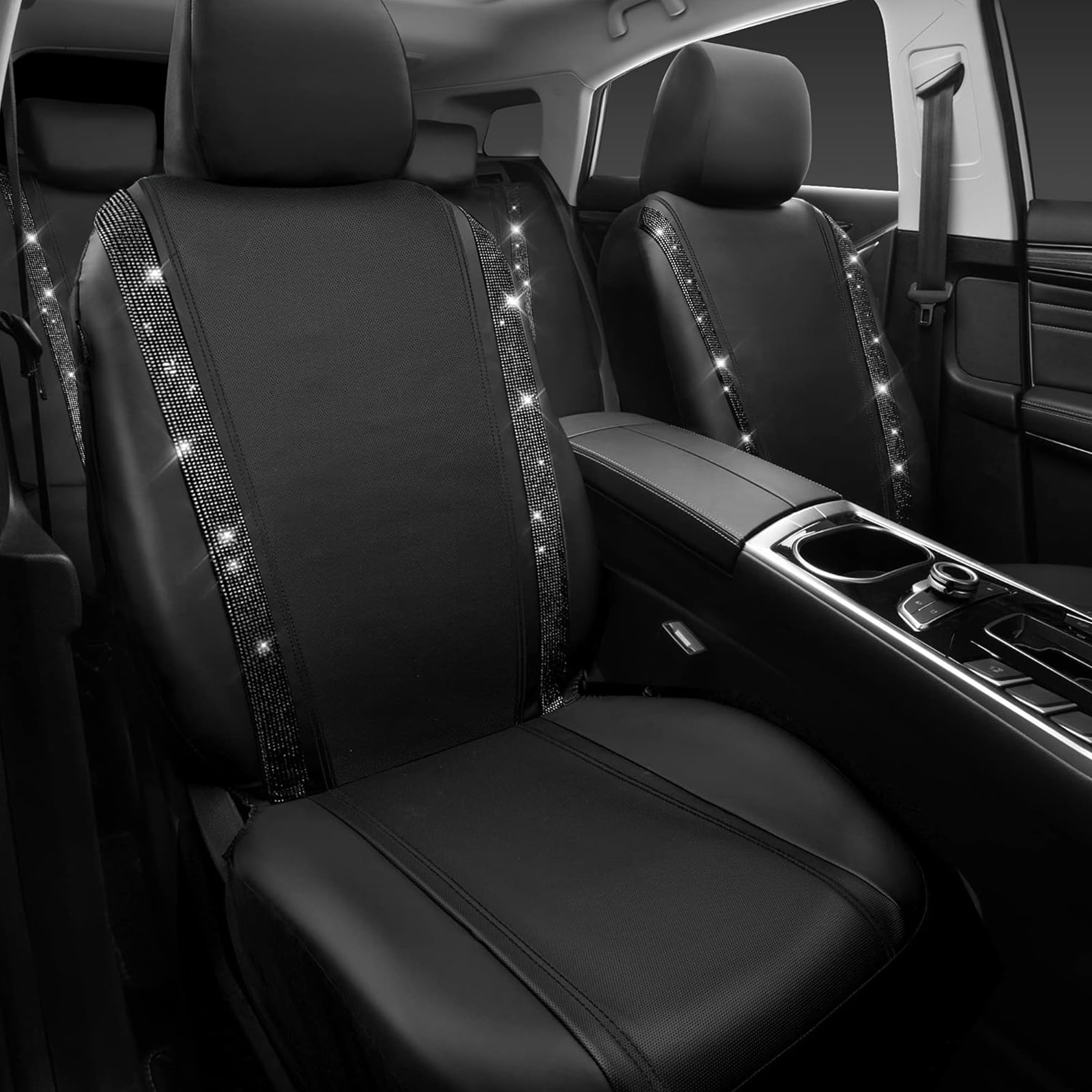 Car-Grand Bling Diamond Rhinestone Leather car seat covers full set waterproof universal shinning glitter crytal sparkle fit automotivve truck SUV Cute girl femal Black