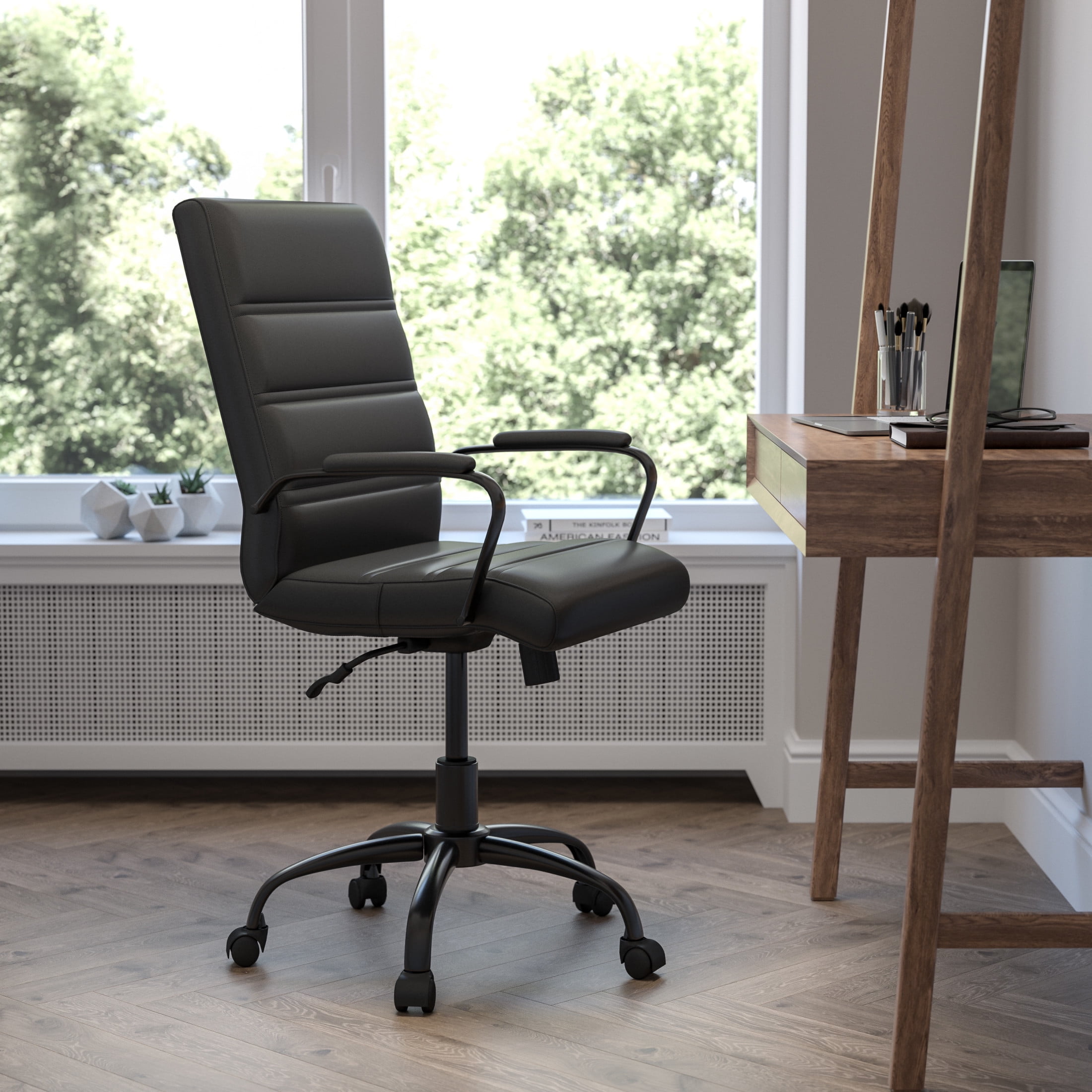 Flash Furniture Whitney Mid-Back Swivel LeatherSoft Desk Chair with Armrests, Black